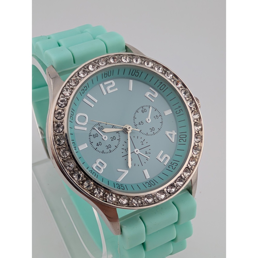 Darice Watch Women 38mm Case Rhinestones Mint‎ Green Silicone Band- New Battery